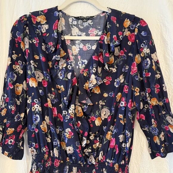 LAUREN Ralph Lauren Black Label Ruffle Trim Black Floral Top Size M - Picture 4 of 12